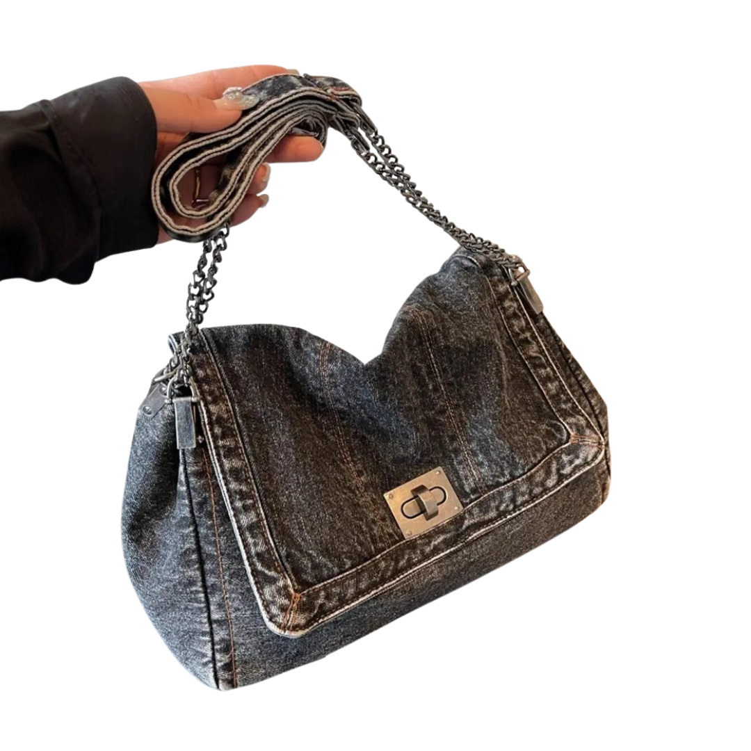 FRANKLIN – Bolso de hombro de denim vintage con cadena