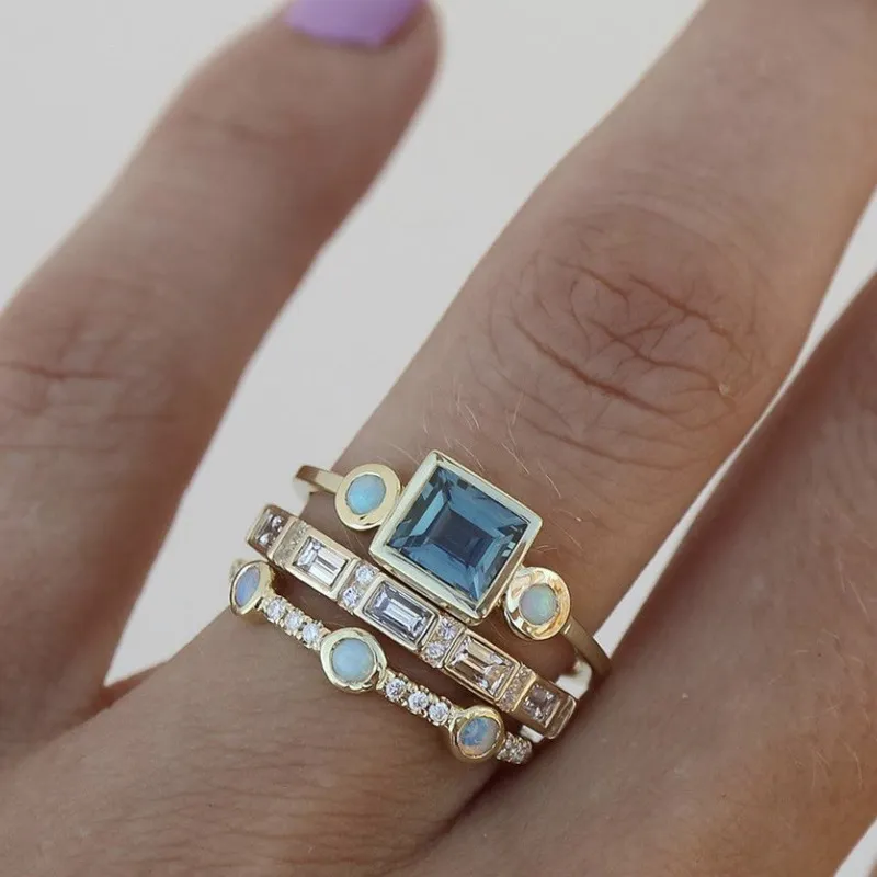 Declan - Conjunto de anillos de cristal azul vintage